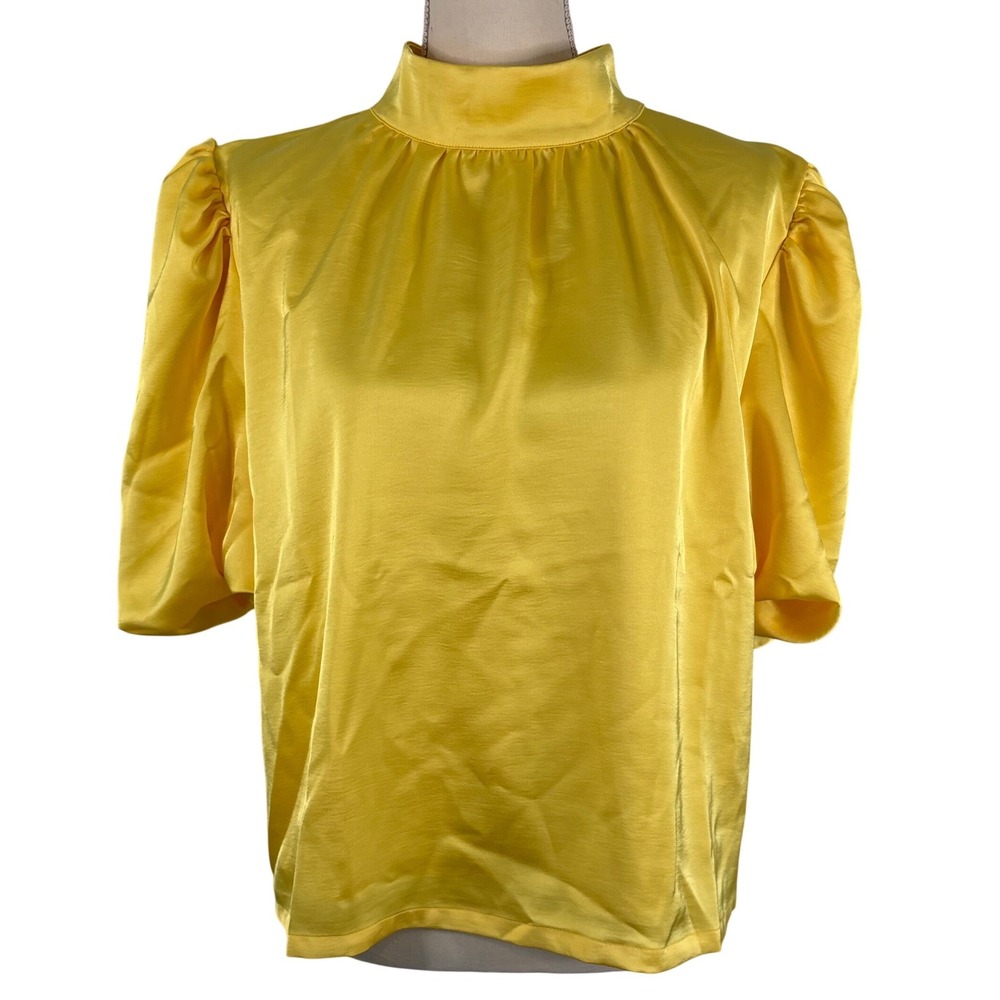 S'EDGE Yellow Satin‎ Mock Neck Puff Sleeve Blouse XL NWT